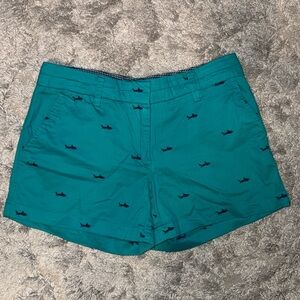 British Khaki Teal Shorts with Shark Design